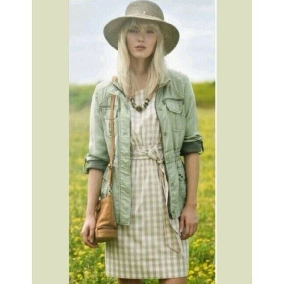 Anthropologie HD in Paris Gingham Print Short Sleeve Belted Dress in Tan Size 4 - Picture 2 of 7